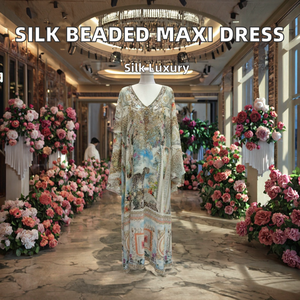 Robe longue 100% Soie Imprimée Anti-Plis avec Perles, Col V Sexy et Manches Évasées pour Femme, Collection Printemps-Été 2026, Idéale Mariage et Soirée - Product Image 2