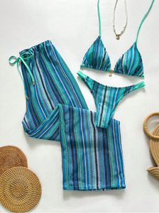 Hot Selling European American Striped Three Piece Bikini Set Tie Side Sexy Women Swimwear With Long Pants For <b>Beach</b> Vacation - Product Image 6