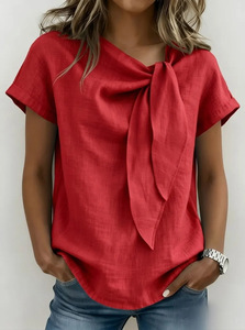 Camicie Vintage Semplici in Cotone e Lino per Donne, Camicie a Maniche Corte con <span class=keywords><strong>Colletto</strong></span> in Cotone, Collo Tondo, Tinta Unita, Bluse Casual - Product Image 5