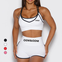 Ensemble de vêtements de sport pour femmes, taille plus, avec logo personnalisé, haut de yoga push-up et short de sport à taille haute élastique, séchage rapide, couleur unie