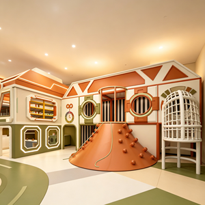 Aire de jeux intérieure commerciale douce pour enfants, aux tons orange et beige, avec toboggans, piscine à balles, manèges rotatifs et espace de jeu de rôle, pour centre commercial - Product Image 2