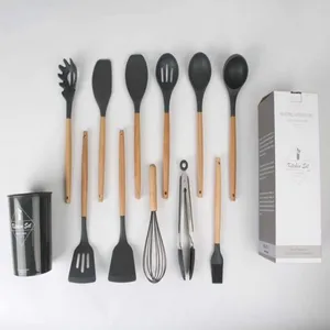 Juego de Herramientas de cocina de silicona, espátula Tong, accesorios de cocina, utensilios con mango de madera, 12 Uds.