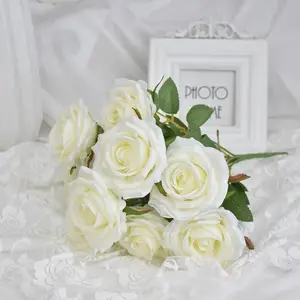 Buquê de rosas artificiais em 9 cabeças, rosas em seda, branco, buquê de noiva, para casamento, seda, floral, arranjo para casa