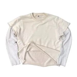 Dtg Printing Long Sleeve Shirt Custom Raw Edge French Terry Cotton Oversized Men's Waffle Sleeve T-shirt