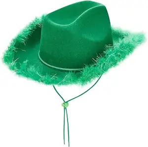 Topi Cowgirl untuk wanita topi koboi hijau Aksesori pinggiran bulu halus untuk pesta kostum karnaval Halloween