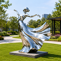 Sculpture Moderne Femme Dansante au Coucher du Soleil en Acier Inoxydable Poli Miroir, Robe Longue, Décoration Extérieure pour Piscine, Jardin, Villa