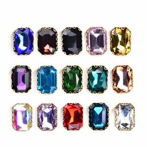 JFS015 Wholesale Sparkly Metal Claw Prong Setting Flatback Rectangle Clear Crystal Acrylic Sewing Buttons Sew On Rhinestones