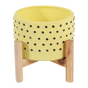 Maceta de cerámica sobre soporte de madera, amarilla con puntos negros, para orquídeas y plantas de interior y exterior. - Product Image 5