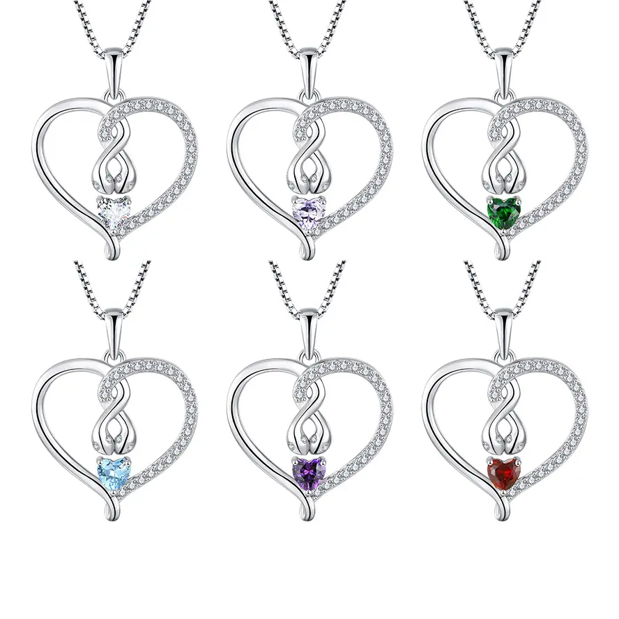 Personalizado 925 plata esterlina corazón infinito colgante piedra de nacimiento colorido Cubic Zirconia en forma de corazón colgante señoras joyería regalo