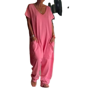 Tuta estiva da <span class=keywords><strong>donna</strong></span> 2026 transfrontaliera europea e americana, popolare, tinta unita, scollo a V, con tasche grandi, traspirante e vestibilità ampia - Product Image 2