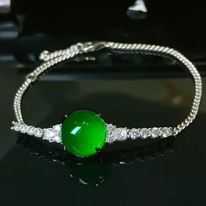 Light Luxury Vintage Inlaid High Carbon Diamond 925 Silver Bracelet Versatile Ice Smooth Natural Green Jade Marrow Bracelet