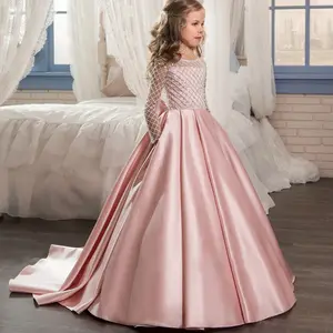 Finalz factory supply kids gowns night sequin Long Tail Big Bow Long sleeve party dresses for girls