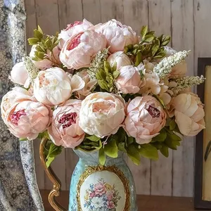 13 flores de peônia estilo europeu, flor de peônia com cordões para decoração de mesa, sala de jantar em casa, simulação de flores