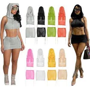 W22S25566 New design spring summer 2024 women clothes sexy mini skirt knit hollow hooded crop top women's sets 2 piece set women