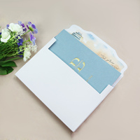 Ensemble d'invitations de mariage personnalisées avec dossier bleu clair à couverture rigide, monogramme doré et carte d'insertion aquarelle