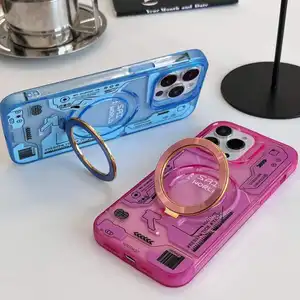 Funda de teléfono con soporte de anillo magnético de impresión mecánica para iPhone 15 Pro Max, cubierta de galvanoplastia brillante de Color transparente