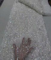 Superbe Tissu en Dentelle de Tulle Français Orné de Perles et de Broderies, Idéal pour Robes de Soirée et Grands Événements