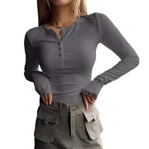 Nuova maglietta da <span class=keywords><strong>donna</strong></span> con costine abbottonate lavorate a maglia Slim Fit <span class=keywords><strong>manica</strong></span> <span class=keywords><strong>lunga</strong></span> tinta unita collo Henley t-Shirt da <span class=keywords><strong>donna</strong></span> - Product Image 3