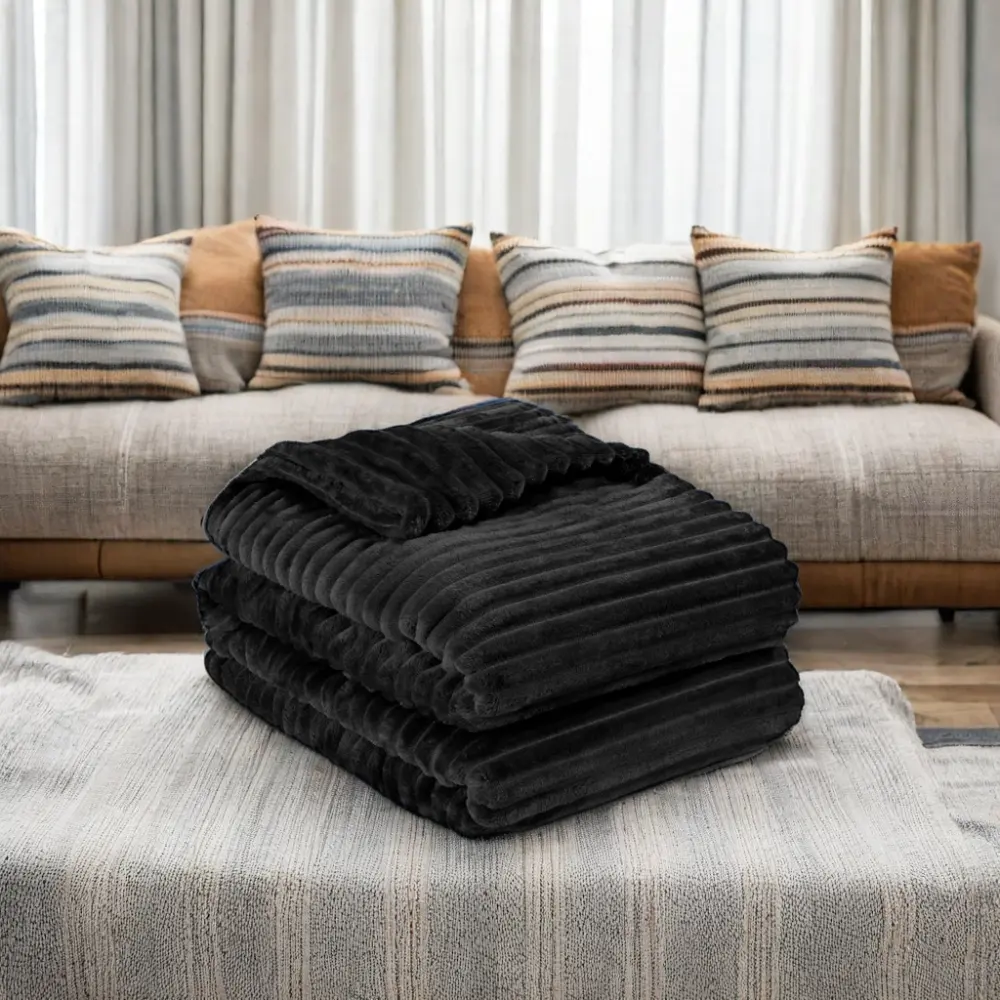 Cobertor leve listrado de lã duplo preto, cobertor quente e acolhedor de microfibra para sofá-cama,