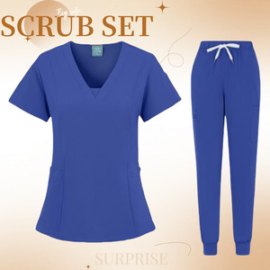 Women Scrub Set V-Neck Short Sleeve Knitted Split Uniform For Hospital Work <b>Clothes</b> - Product Image 3
