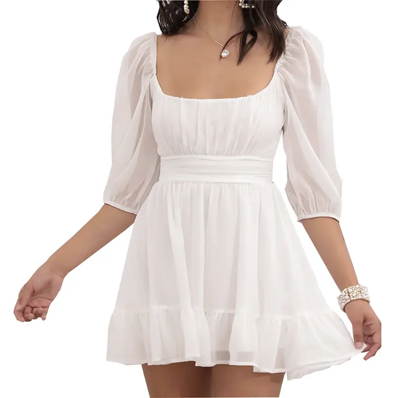 2022 Vintage Puff Half Sleeve White Chiffon Elegant Square Collar Backless Hollow out Ruffled Girls Mini Dress for Vacation