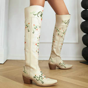 Pour fille occupée XYF4899 bleu <span class=keywords><strong>Beige</strong></span> sur le genou brodé fleur <span class=keywords><strong>Cowboy</strong></span> <span class=keywords><strong>bottes</strong></span> pour femmes 6cm talons longs Style occidental taille 43 - Product Image 6