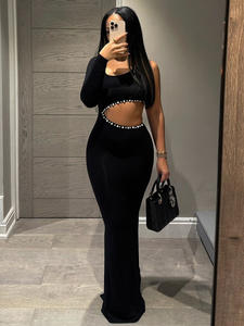 F1825 - Abito lungo da sera elegante da donna, monospalla, nero, con perline e cut-out, modello bodycon - Product Image 2