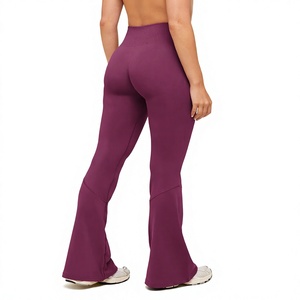 Women 2 Piece Set High Waist Elastic Waist <b>Flared</b> Yoga Pants Solid Color Seamless Breathable Stretch Ankle Length Purple - Product Image 1