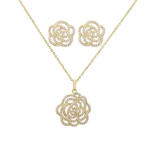 Conjunto de collar y pendientes de circonita con flor Rosa hueca para mujer, conjunto de joyería de oro de 18k, conjuntos de joyería de Dubái