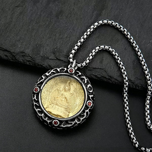 yunnique Guanyin Bodhisattva Round Pendant <b>Necklace</b> Stainless Steel With <b>Ruby</b> Inlay Religious Amulet Unisex Jewelry - Product Image 3