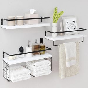 Étagères murales flottantes rustiques en bois à double niveau avec panier de rangement en fil métallique et <span class=keywords><strong>barre</strong></span> porte-serviettes pour salle de bain, <span class=keywords><strong>cuisine</strong></span>, chambre - Product Image 2