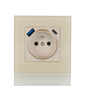 16A 250V Durable 3mm Tempered Glass Panel EU Type 86*86 French Wall Socket with PD20W Quick Charging Type-A Type-C <strong>Ports</strong> - Product Image 1