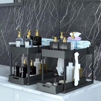 Étagère de rangement pliable moderne à 2 niveaux sous l'évier avec crochets et porte-gobelet suspendu pour cuisine et salle de bain