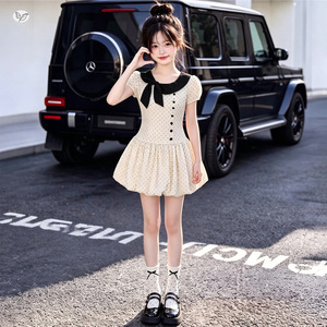 Robe courte à pois à manches bouffantes et taille bouffante pour filles, tenue d'été - Product Image 1