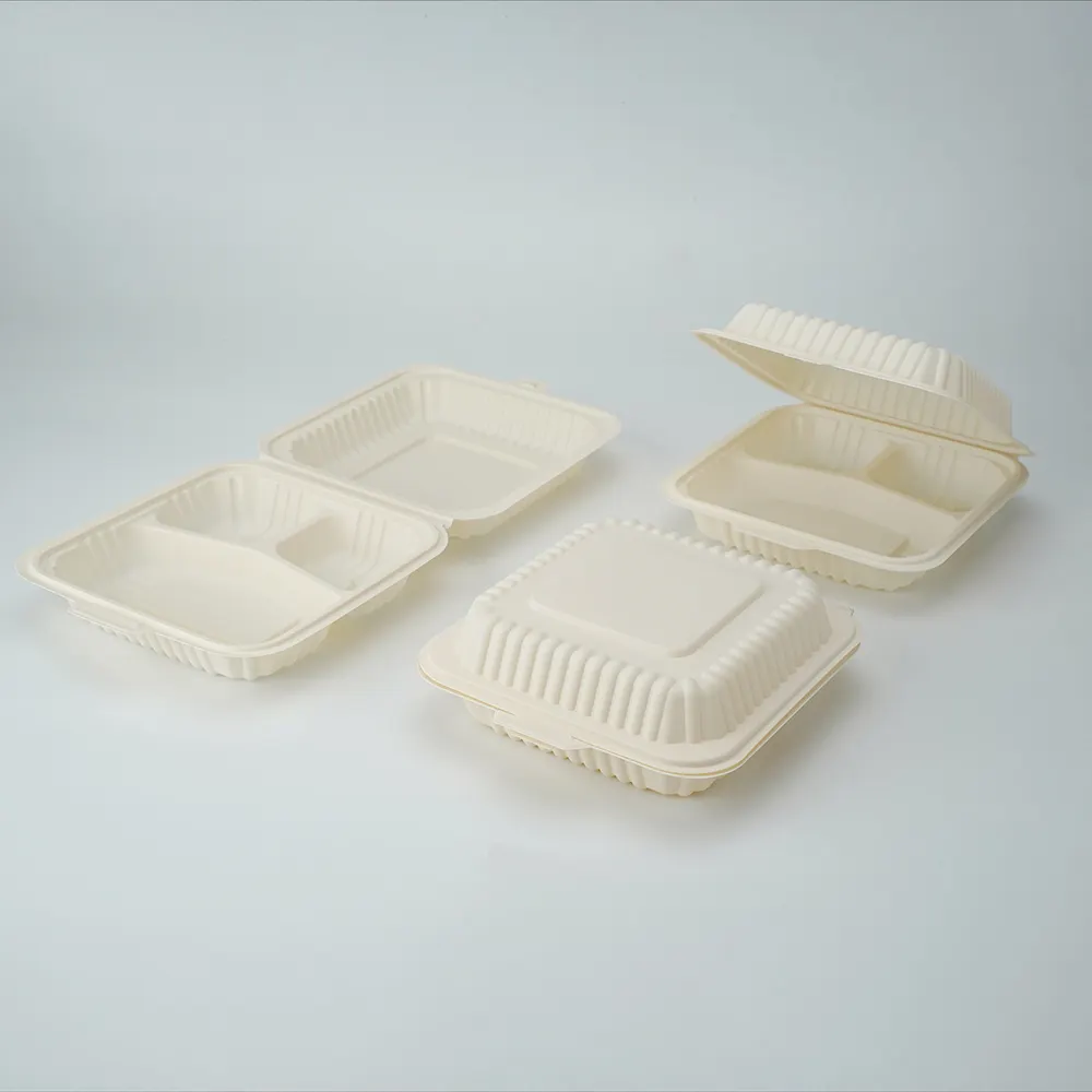 Recipiente para comida takeaway retangular branco leitoso 1000ml lancheira biodegradável e ecológica amido de milho elegante Bento Box