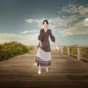 New Factory Hot Sell Casual Fashion Miyake V-neck <strong>Flower</strong> Natural Belt Chiffon Summer Pleated <strong>Plus</strong> <strong>Size</strong> Maxi Women's <strong>Dresses</strong> - Product Image 2