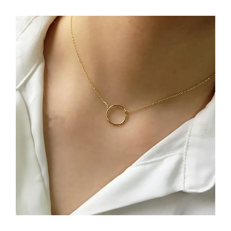 Gold plated simple women 925 sterling silver charm ring circle necklace dainty minimalist jewelry