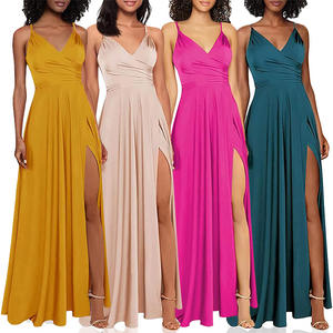 Kadın seksi spagetti sapanlar derin V boyun saten balo elbise yüksek bölünmüş uzun resmi parti kokteyl abiye - Product Image 1