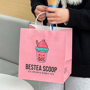 Sacs à emporter jetables en papier kraft biodégradable imprimés sur mesure, écologiques, pour gâteaux, thé à bulles et crème glacée - Product Image 4