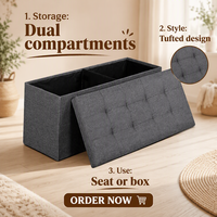 Banc de rangement pliant 43 pouces, tabouret de maison avec compartiments, capacité de charge 660 lb, aspect lin, tissu MDF gris foncé, pour salon