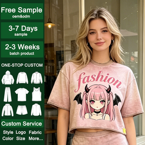 T-shirts pour femmes OEM, style vintage délavé, imprimé graphique anime et dessin <span class=keywords><strong>anim</strong></span>é, col ras du cou court, manches courtes, streetwear Y2K, t-shirts courts personnalisés - Product Image 1