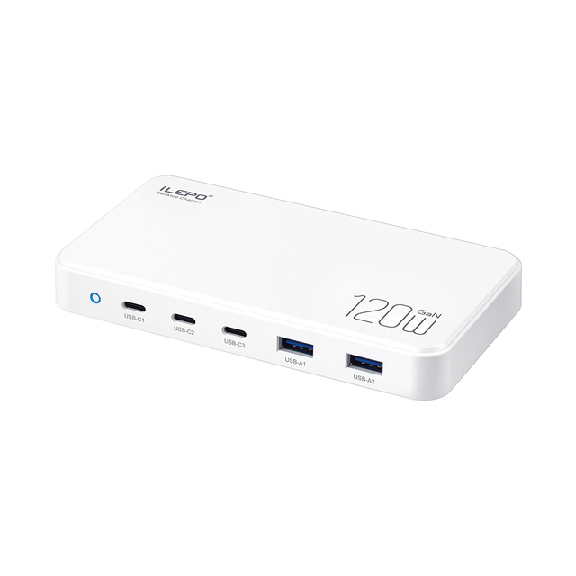 120W Stock GaN Smart Charger for Mobile Phones and Laptops 6-Port USB Type C PD Charger with Quick Charge 3.0 for Desktop Use