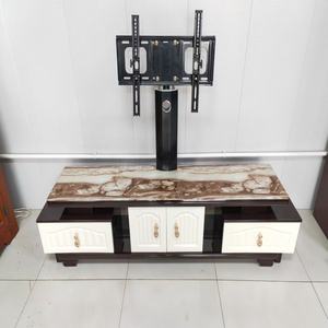 Console multimédia moderne avec plateau en <span class=keywords><strong>dalle</strong></span> veinée, logo personnalisé, support d'écran réglable, bouton doré, compartiments de rangement, usage domestique - Product Image 1