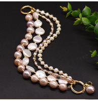 Bracelet à breloques vintage plaqué or 18 carats avec perle baroque blanche d'eau douce AAAA, lien mobile et perle forgée, unisexe, pour voyage