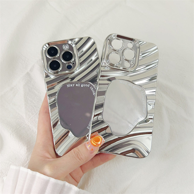 Fashion Electroplated Wave Mirror Silver Make up Mobile Back Cover Cell Phone Case for iPhone 16 15 Pro Max 14 13 12 11 Shell