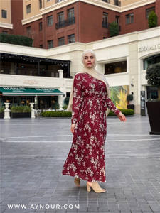 Abbigliamento etnico islamico preghiera elegante O collo bottone frontale stampa floreale pieghettato Chiffon abito Abaya musulmano Dubai <span class=keywords><strong>turchia</strong></span> Ramadan - Product Image 4