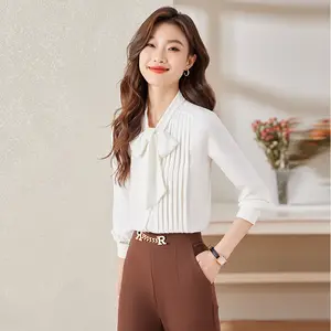 Autumn New Lace Up Pleated Cardigan Shirt Female Design Formal Tops Business Blouse Women's Wear