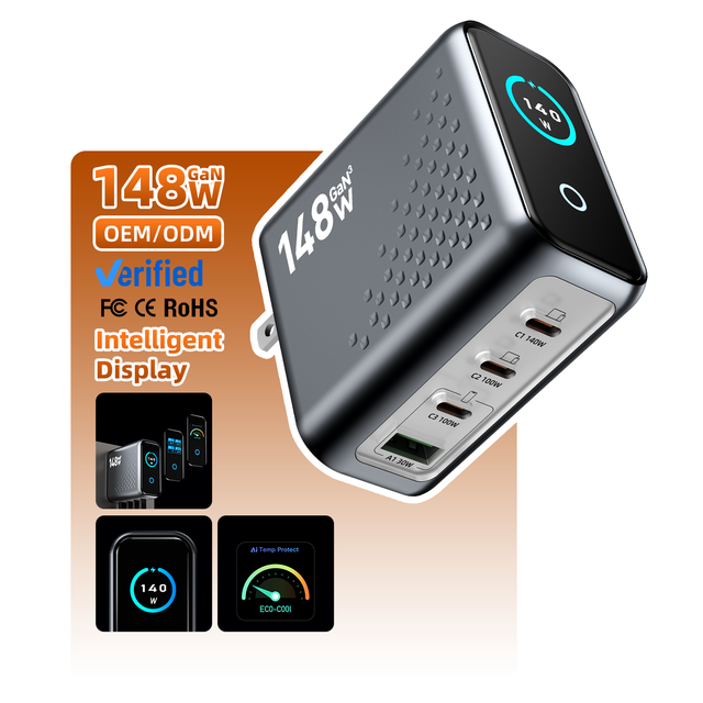 HYTO 148W GaN Charger Type C Laptop Charger 3 USB C 1 USB a Power Adapter US EU Plug with AI Smart Display for Phone Tablet