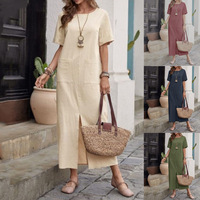 Robe d'été vintage en coton et lin, couleur unie, col ample, manches courtes, taille haute, coupe irrégulière pour femme - Grande promotion