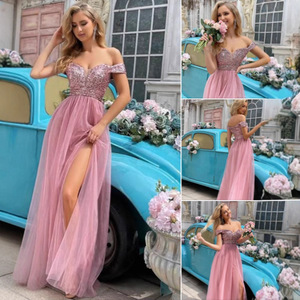Vestido de noche largo de tul con lentejuelas y hombros descubiertos, con abertura y cintura imperio, para fiesta de graduación - Product Image 1